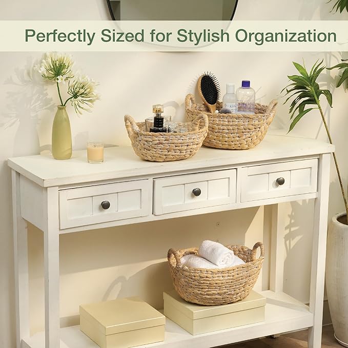 Set of 3 Wicker Storage Baskets for Organizing - Woven Decorative Baskets with Handles - Organizers for Bathroom, Kitchen, and Shelves (White)