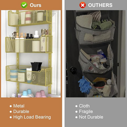 VyGrow Over The Door Organizer, Metal Door Organizer Hanging with 5 Adjustable Baskets and Coat Hook, Behind The Door Storage for Bedroom Closet Bathroom Pantry Cabinet Kitchen, Gold