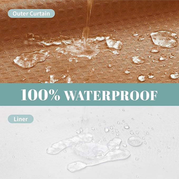 BurntOrange No Hook Waffle Weave Shower Curtain with snap-in Liner Replacement, 230GSM Waterproof Fabric Hotel Shower Curtain Set for Bathroom, Through Mesh Top Window,71Wx74H