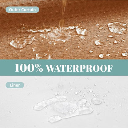 BurntOrange No Hook Waffle Weave Shower Curtain with snap-in Liner Replacement, 230GSM Waterproof Fabric Hotel Shower Curtain Set for Bathroom, Through Mesh Top Window,71Wx74H