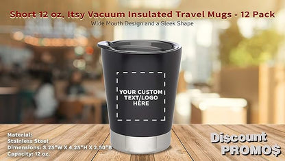 Personalized 12 oz. Itsy Vacuum Insulated Travel Mugs - 12 Pack - Custom Text, Logo - Black