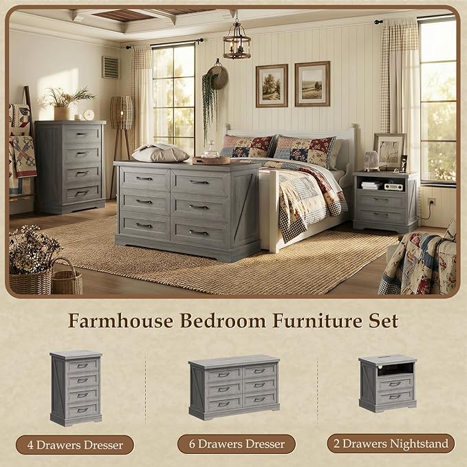 AODK Farmhouse Nightstand with Charging Station, 24 Inch Large Bedside Table with 2 Drawers, Rustic Wood End Table with Outlet and USB for Bedroom, Oak Grey