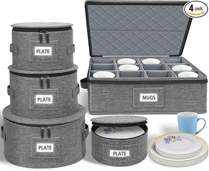 punemi China Storage Containers 5-Piece Set w/Hard Shell Sides & Bottom, Quilted Stackable Plate & Dish Storage Protectors, Adjustable Mug and Cup Storage Organizer for Moving and Dinnerware storage