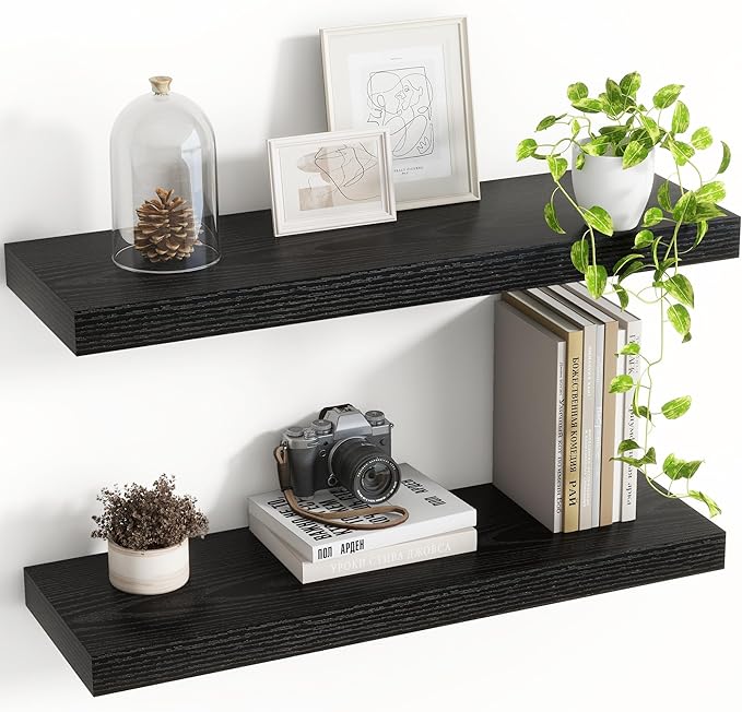 Acovy 24 Inch Floating Shelves, 8 Inch Deep Floating Shelves for Wall, Hanging Shelf with Invisible Brackets, Deep Shelves for Bathroom, Bedroom, Living Room, Black, Set of 2