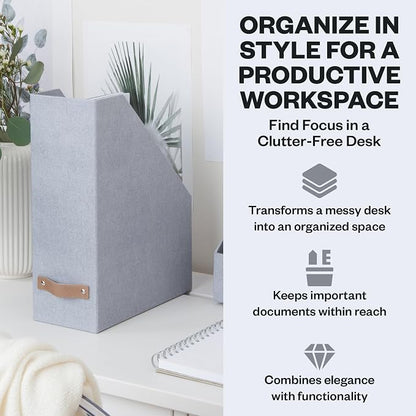 Bigso Estelle Magazine File - Magazine Holder and Organizer for Papers and Catalogs with Leather Handle - Magazine File Holder for Office Desks - 12.6 in x 4.5 in x 9.8 in - Ash Ballard