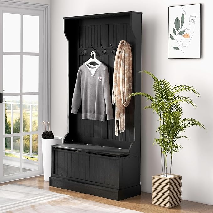 HOMCOM 3-In-1 Hall Tree with Shoe Storage, Standing Coat Rack with Shoe Bench, Entryway Organizer with Five Hooks, Black