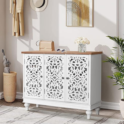 Sophia & William Sideboard and Buffet with Storage, 3-Door Hollow-Carved Accent Cabinet, Distressed Wood Storage Cabinet Cupboard for Kitchen, Dining Room, Living Room, Entryway, White