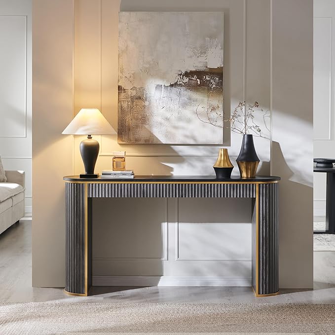 OKD Modern Fluted Console Table, 63" Long Narrow Entryway & Sofa Tables for Hallway, Tall Accent Table Behind Couch for Foyer Living Room, Dark Alder