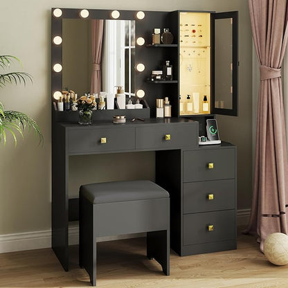 Vanity Desk with Mirror and Lights,Makeup Table & RGB Storage Cabinet,Large Drawer & Storage Shelves,5 Drawer,Bedroom Dressing Table, Black