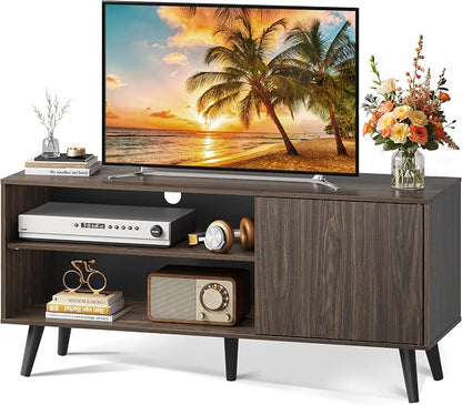 WLIVE TV Stand for 55 Inch TVs, Entertainment Center with Storage Cabinet, Mid-Century Modern TV Stands for Living Room, Media TV Console, Dark Walnut