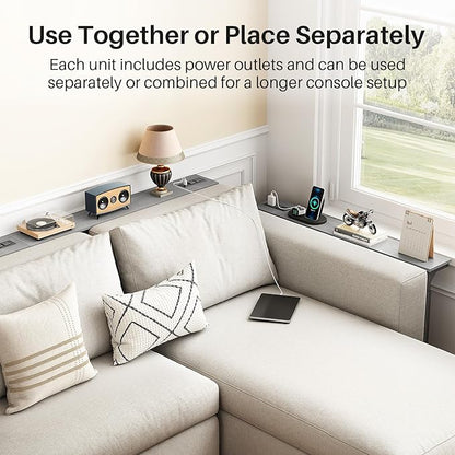 Kitstorack 2-Pack Dark Gray Console Table, 7.9" Deep Panel, Adjustable Height (25"-33") & with 2 Power Outlets, Behind Sofa Couch Table, Use Together or Separately, 79" L