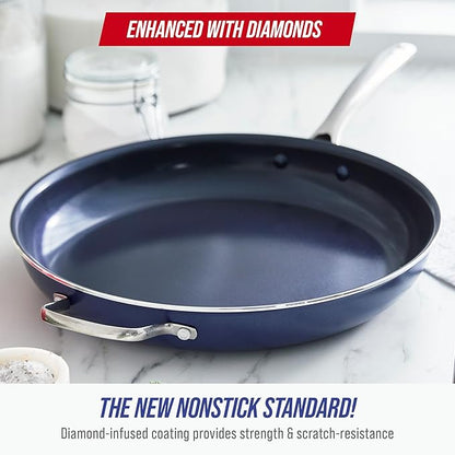 Blue Diamond Ceramic Nonstick 14" Frying Pan Skillet, PFAS-Free Cookware, Jumbo Cooker with Helper Handle, For Large & Family Sized Meals, Dishwasher & Oven Safe, Blue