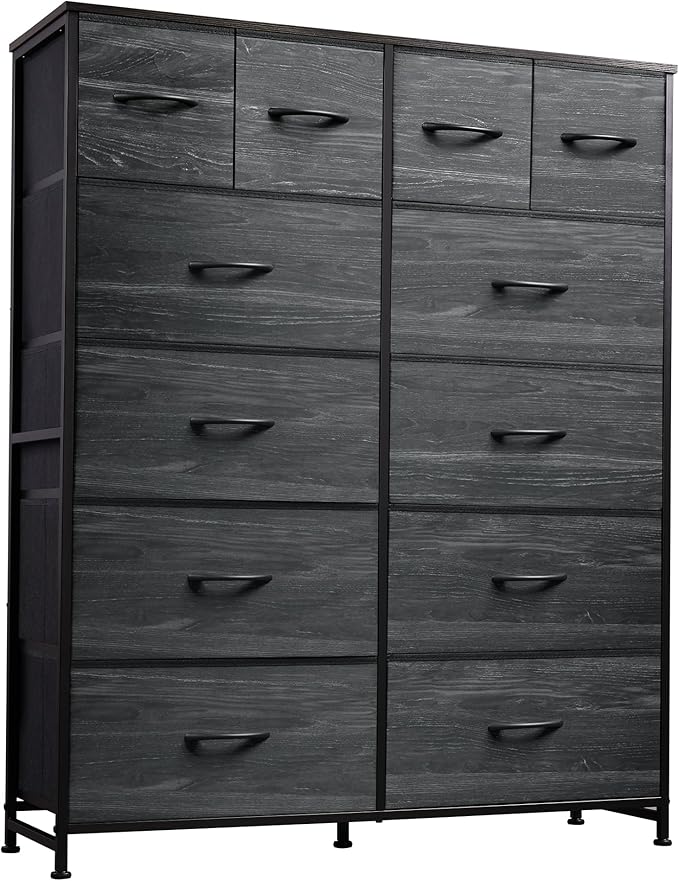 Tall Console Table with 12 Fabric Drawers, Tall Storage Organizer with Wood Top, Entryway Table with Storage, Steel Frame for Living Room, Hallway, Office, Charcoal Black Wood Grain Print