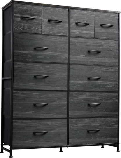 Tall Console Table with 12 Fabric Drawers, Tall Storage Organizer with Wood Top, Entryway Table with Storage, Steel Frame for Living Room, Hallway, Office, Charcoal Black Wood Grain Print