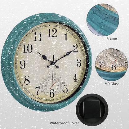 16 Inch Large Outdoor Clock, Waterproof Wall Clock with Thermometer, Battery Operated Silent Non-Ticking Vintage Wall Clock Quartz Round Clock Home Decor,Green