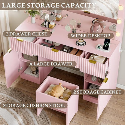 47" Fluted Makeup Vanity Desk with Large 42" Mirror and Lights, Vanity Table with 3 Drawers & 2 Storage Cabinet, Dressing Table Charging Station & Chair for Living Room, Bedroom, Pink
