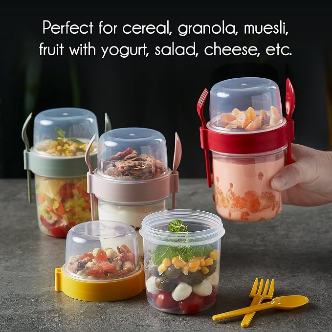 Crystalia 4 Pack 22 oz On The Go Yogurt Parfait Cups with Lids & Spoon, Large Breakfast Plastic Bowls with Topping Cereal Oatmeal Salad or Fruit Container for Snack Box