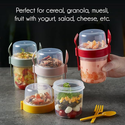 Crystalia 4 Pack 22 oz On The Go Yogurt Parfait Cups with Lids & Spoon, Large Breakfast Plastic Bowls with Topping Cereal Oatmeal Salad or Fruit Container for Snack Box