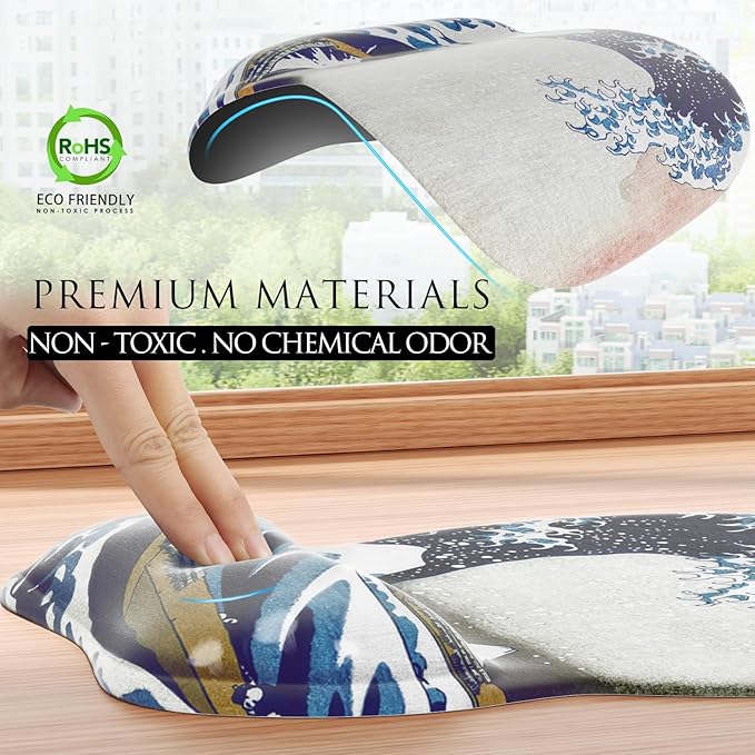 MROCO Ergonomic Mouse Pad with Gel Wrist Rest, 9.4 x 8.1 in, Great Wave | Ergonomic Shape Design, Multiple Pattern Options, Gel Wrist Comfort, Smooth Lycra Surface, Non-Slip PU Base
