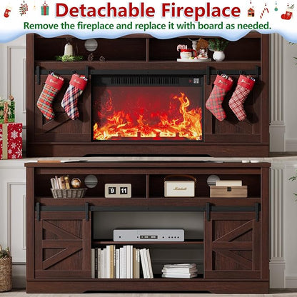 JUMMICO Fireplace TV Stand for 65+ Inch TV with 26'' Fireplace Entertainment Center with Storage Cabinet and Adjustable Shelves, Media Console with Sliding Barn Door for Living Room (Brown)
