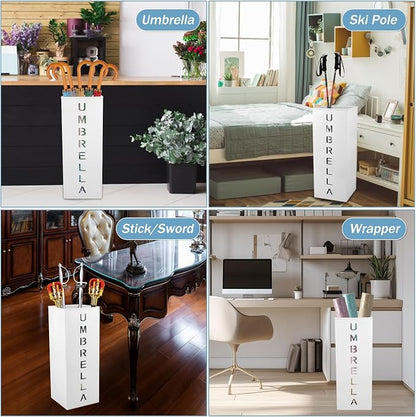 Metal Umbrella Stand Holder, 16.5x6.3x6.3inch Square Free Standing Umbrella Rack Decorative Umbrella Holder Bin Multipurpose Walking Sticks Holder for Umbrella Cane Entryway (White)