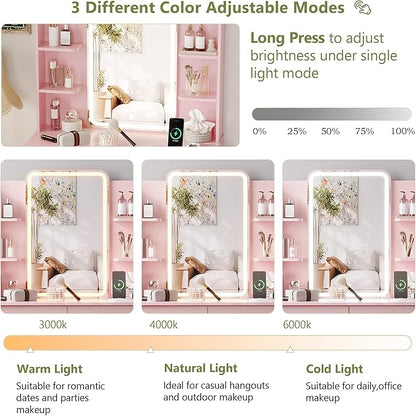 Small Vanity Desk with Mirror and Lights, Makeup Vanity with LED Lights, Pink Vanity Mirror with Lighted Desk and Chair, 3 Lighting Adjustable Compact Dressing Table with Mirror for Women, Girls