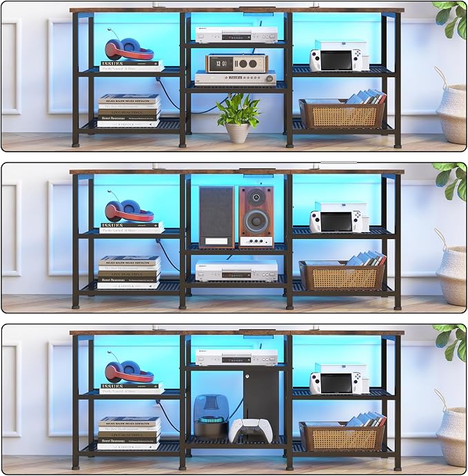YGEOMER TV Stand for Living Room TVs Up to 50 Inches, Entertainment Center with Power Outlet and LED Lights Open Storage Shelves, TV Console for Bedroom, Rustic Brown