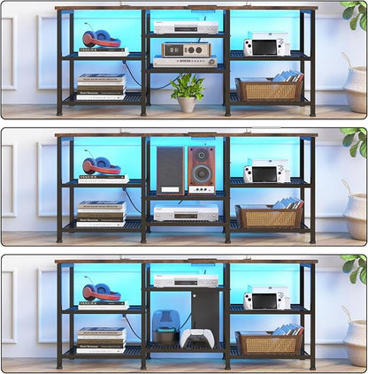 YGEOMER TV Stand for Living Room TVs Up to 50 Inches, Entertainment Center with Power Outlet and LED Lights Open Storage Shelves, TV Console for Bedroom, Rustic Brown