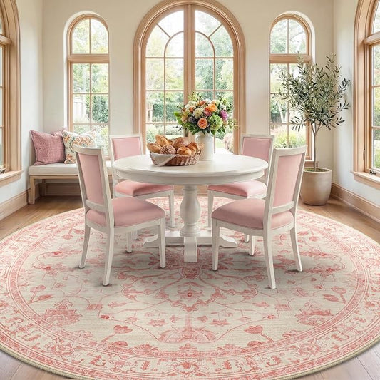 RELEANY Area Rugs Round 8ft Washable Non-Slip, Floral Vintage Distress Medallion Carpet for Living Room Bedroom Dining Room, Pink Light Vintage Pink