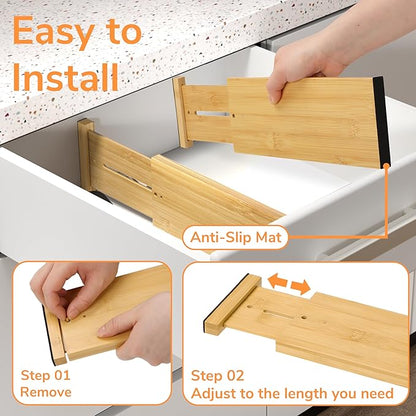 BAMEOS Bamboo Expandable Drawer Dividers – Fits 12.2"–17" Drawers, 4" Extra Deep Walls, Set of 4 | Tall Spring-Loaded Separator for Baby Dresser, Sock Drawer & Bathroom Cabinet