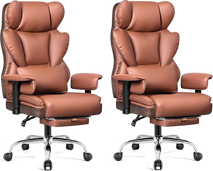 Big and Tall Office Chair - 400 LBS High Back Executive Chair with Footrest, Ergonomic Office Chair for Heavy People, Wide Padded Seat Computer Gaming Chair, Brown 2 Pack