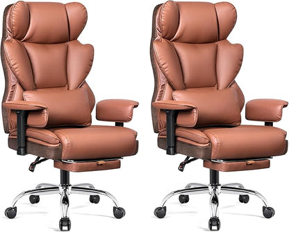 Big and Tall Office Chair - 400 LBS High Back Executive Chair with Footrest, Ergonomic Office Chair for Heavy People, Wide Padded Seat Computer Gaming Chair, Brown 2 Pack