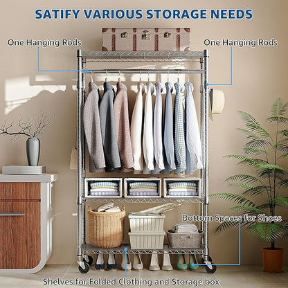 Heavy Duty Rolling Garment Rack 3 Tiers Adjustable Wire Shelving Clothes Rack with Rods and Side Hooks,Storage Closet Clothing Rack with Wheels Chrome 15.7" D x 29.5" W x 74.5" H