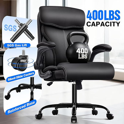 Office Chair - Executive High Back Breathable Comfy Desk Chair with Lumbar Support - Ergonomic Leather Rolling Swivel Computer Chair with Rock Function for Working Studying Gaming Relaxing