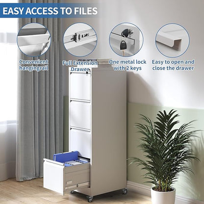4 Drawer Mobile File Cabinet, Metal Filing Cabinet with Lock and Wheels, Home Office Rolling File Cabinets for Legal/Letter Hanging File Folders, Un-Assembled (White)