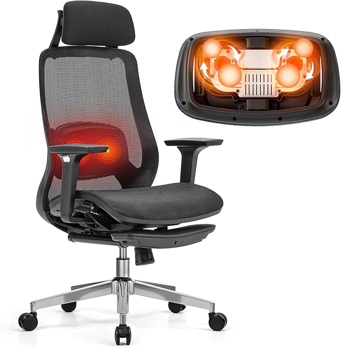 FLEXISPOT MasterEase Massage Office Chair with Footrest, High Back Ergonomic Desk Chair with Adjustable Headrest, 3D Armrests, 2D Lumbar Heated Massage, 4-Position Recline, Mesh Seat, Black