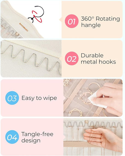 BAGSMART Hanging Jewelry Organizer Storage with Hanger Metal Hooks Double-Sided Jewelry Holder for Earrings, Necklaces, Rings on Closet, Wall, Door, 1 piece Large Beige
