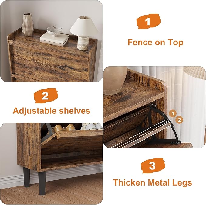 IDEALHOUSE Shoe Cabinet with 2 Flip Drawers,Hidden Wood Shoe Storage with Adjustable Shelf,Freestanding Shoe Organizer Rack for Entryway,Hallway,Living Room(Rustic Brown)