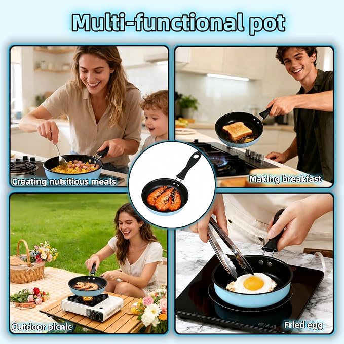 4.7 Inch Mini Frying Pan, Black Non-Stick Egg Pan with Hanging Hole, Flat Bottom Design for Gas, Induction, Electric Stove, Perfect for Single Serve Breakfast, Omelets & Camping, RV Use (Blue)