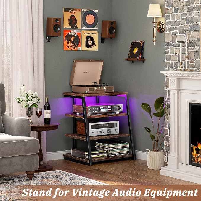 Armocity 4-Tier AV Media Stand with Power Strips, Stereo Stand with LED Lights, Audio Tower Rack with Adjustable Shelves, Small Entertainment Center, 30'', Rustic Brown