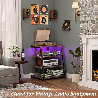 Armocity 4-Tier AV Media Stand with Power Strips, Stereo Stand with LED Lights, Audio Tower Rack with Adjustable Shelves, Small Entertainment Center, 30'', Rustic Brown