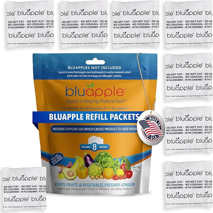 Bluapple Produce Saver Ethylene Gas Absorber - Fresh Fruit & Vegetable Storage, Food Savers for Refrigerator, 8 Packets (9g each), Each Packet Lasts 3 Months, Kitchen Must Haves, USA Made - Refill Kit