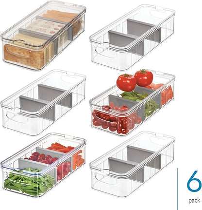 iDesign Large Fridge Organizer Bin with Removable Divider and Lid - Set of 6 - Clear/Gray