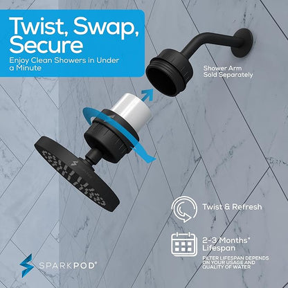 SparkPod 23-Stage Filtered Shower Head, 6" Round, Black Matte | Filtered Shower Head for Hard Water Filter, High Pressure, Reduces Chlorine, Heavy Metals, For Dry Skin & Hair