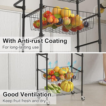 LinTimes 4 Tier Rolling Cart, 110 LB Capacity, Locking Casters & Handle Bar, Wire Storage Rack for Kitchen, Restaurant, Garage, Black