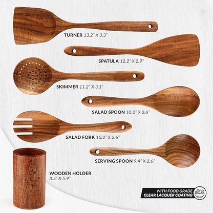 Zulay Kitchen 7-Piece Wooden Cooking Spoons Set – Heat-Resistant, Smooth Teak Utensils with Comfort Grip – Lightweight & Durable – Easy to Clean, Perfect for Non-Stick Cookware