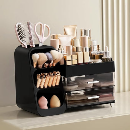 HBlife Cologne Organizer for Men Makeup Organizer with Brush Holder for Vanity, Large Plastic Bathroom Countertop Organizer Skin Care Storage, Fathers Day Gift for Dad Husband, Black