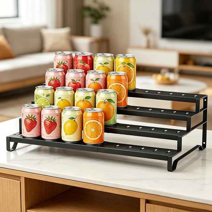 Attelite 4 Tier Expandable Can Rack Organizer for Pantry, Adjustable 13"-21" Metal Soda Can Organizer, Pantry Organization Canned Food Storage Holder for Kitchen Cabinet Countertop, Black 1Pack
