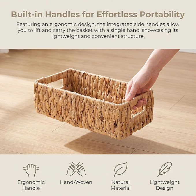 Wicker Toilet Tank Basket, Natural Rectangle Water Hyacinth Storage Baskets, Handwoven Rattan Paper Baskets Organizer with Handles for Bathroom, Kitchen, Living Room Decor, 2-Pack