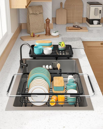 Extendable Dish Drying Rack Over Sink with Dish Drainer, Sink Organization and Storage Essentials with Silverware & Utensil Holder, Home and Apartment Decor, 12" W x 16.1~23" L, Black
